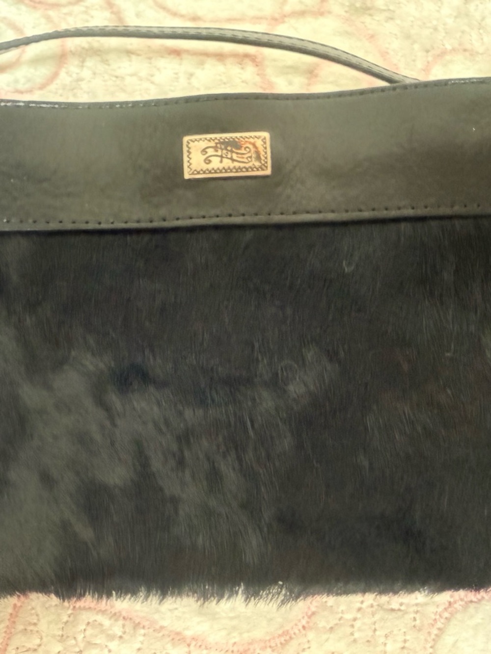 Brighton Black Fur-Front Crossbody Bag with Gold Logo